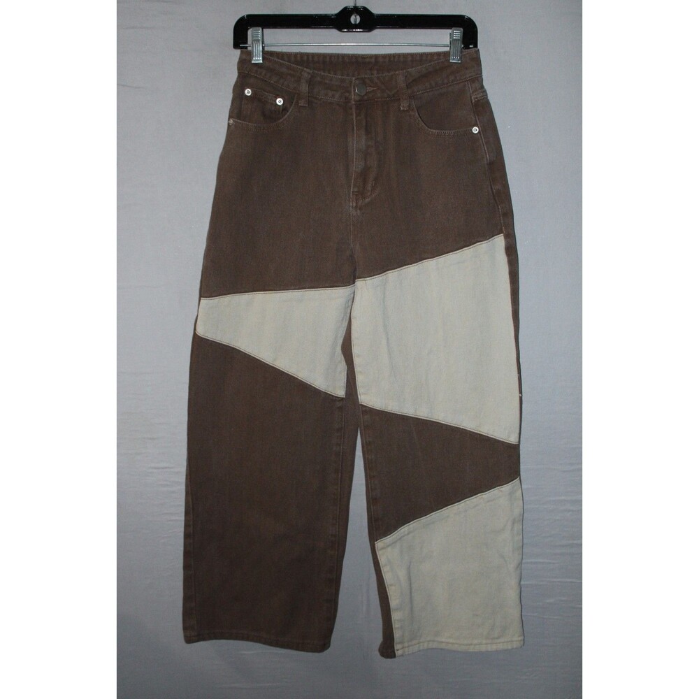 CIDER Jeans Women Small Wide Leg Patchwork Brown Beige Mid Rise Casual Hip